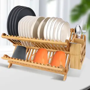 Escurridor de platos de madera personalizado, escurridor de platos de bambú, estante plegable de 2 niveles para platos con soporte para utensilios para mostrador de cocina
