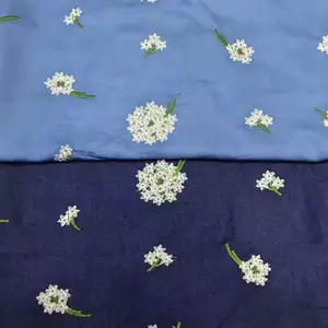 Suppliers custom dark blue polyester fabrics embroidered jeans fancy embroidery denim fabric for clothing