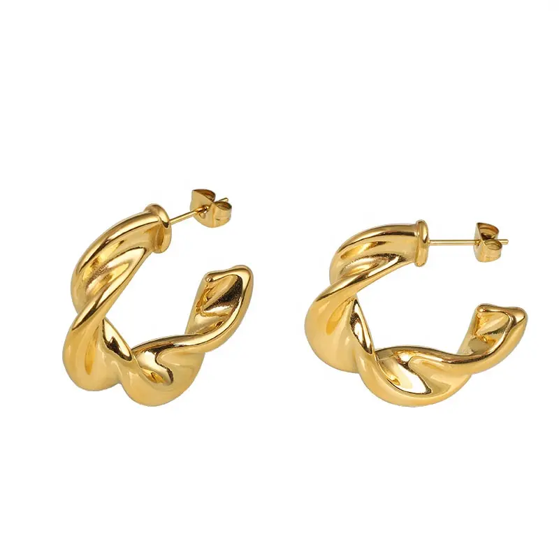 Moda Formal Party Wear Jewelry 18K Chapado en oro de acero inoxidable Chunky Twisted Hoop Stud Pendientes para mujeres