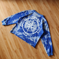 Sweatshirt Crewneck Tie Dye Biru Pria Gaya Hip Hop Streetwear, Cetak Slogan Kompas Dua Sisi, Cetak Petir, Raw Hem, Model Crop