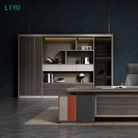 Luxury Dark Wood Contemporary Convertible Extendable Executive Office Desk with LED Wall Cabinet LIYU CEO Desk