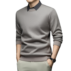 Men's Anti-shrink Full Sleeve Sweaters <b>Pullover</b> Mock False Two-Piece Wool Knit <b>Jumper</b> Base Shirt Knitted Shirt Fleece-Lined - Product Image 1