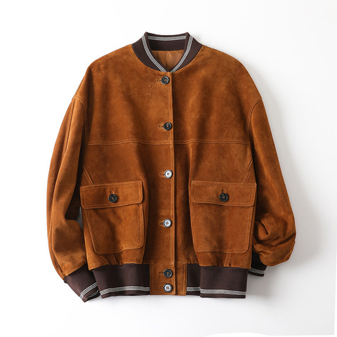 604 2026 Early Autumn New Arrival Women's Wide Fit Baseball Collar Ribbed Spliced Suede Sheepskin Leather Jacket Coat