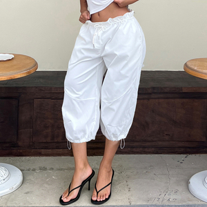 Basic Solid Color Breathable Eco-Friendly Spandex/Polyester Canvas Mid Waist Loose Fit Cuffed Drawstring Knee Length Pants - Product Image 1