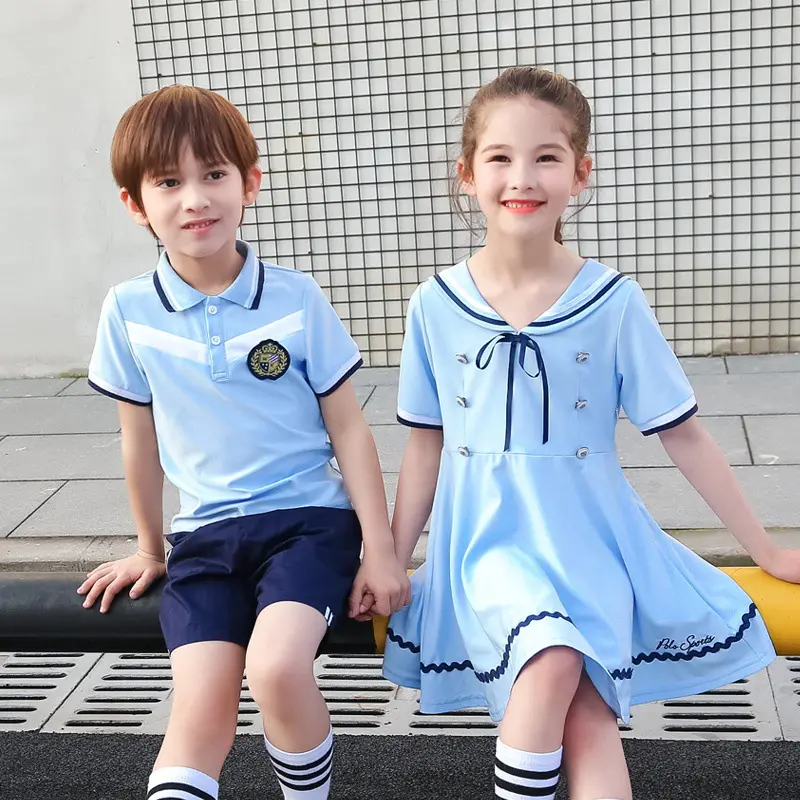 בית ספר קיץ חולצות באיכות גבוהה סיטונאי יסודי ותיכון אור כחול ילדי בית ספר מדים ילדים בנות שמלה