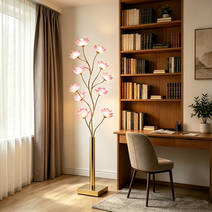 Lampadaire LED Moderne BGST <span class=keywords><strong>Lotus</strong></span>, Base E26, Abat-jour Doré en Fer et Verre, Design Floral, pour Salon, Chambre, Hôtel, Villa - Product Image 3