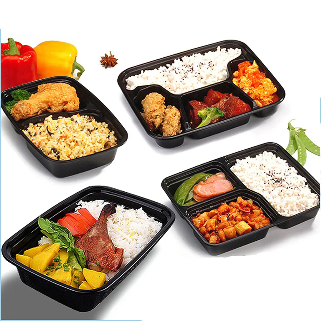 Récipient de stockage de nourriture jetable de 1000ml, boîte à lunch Bento en plastique noire à 2 compartiments