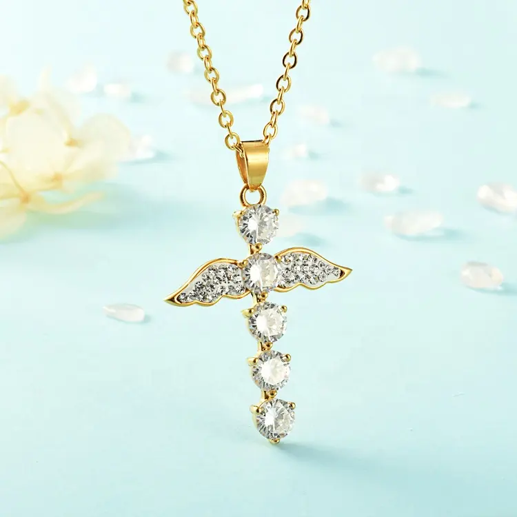 Modalen Wholesale Pendant Stainless Steel Jewelry Gold plated Diamond Cross Necklace