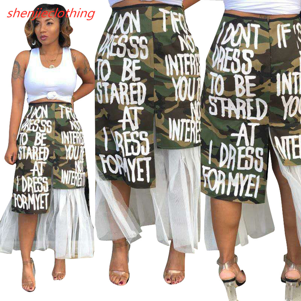 Camouflage Lace Patchwork Skirt With Trendy Letter Printed Women High Street Long Dress