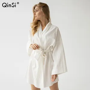 QINSI Kimono 2023 Mulher Nova Roupa de Manga Longa Roupão Feminino Mini Vestido Branco Rosa Algodão Robes Para Mulheres Sleepwear