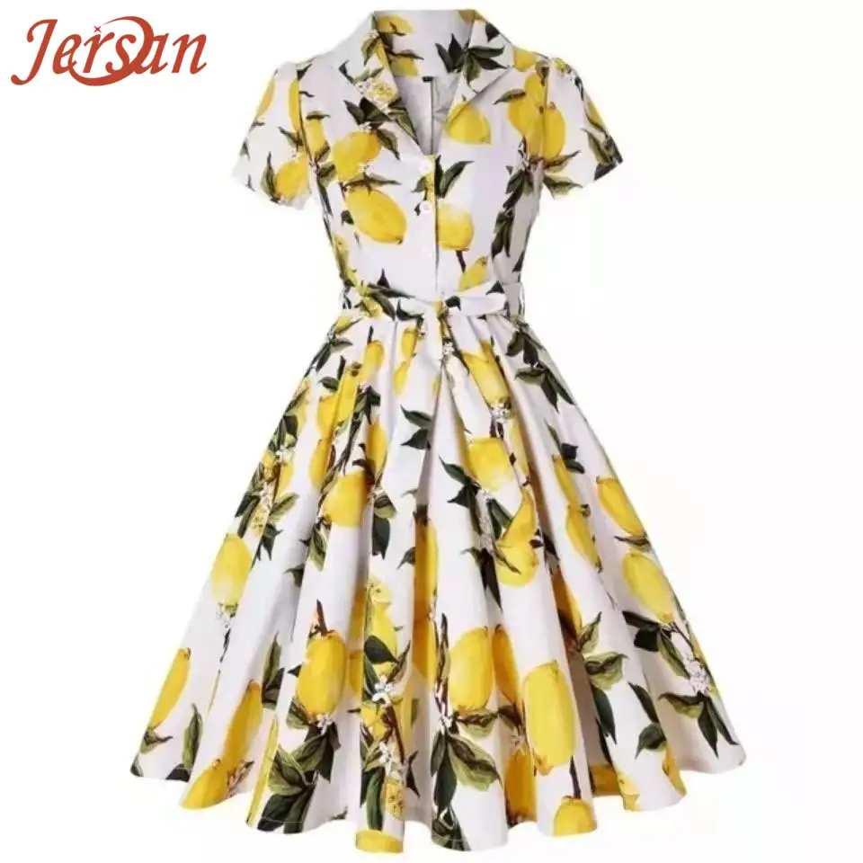 Custom New Summer Plus Size Women Rockabilly Retro Dress Elegant Lady Floral Swing Vintage Dress 50s 60s High Waist Shirt Dress