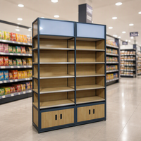 Étagère de supermarché robuste à quatre poteaux en métal imitation bois avec installation rapide au dos, étagère solide autoportante