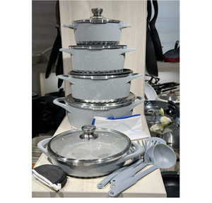 Bộ dụng cụ nấu ăn 17 món bằng nhôm đúc phủ chống dính, bền, an toàn với máy rửa chén, bộ nồi chảo đá granite màu xám - Product Image 1