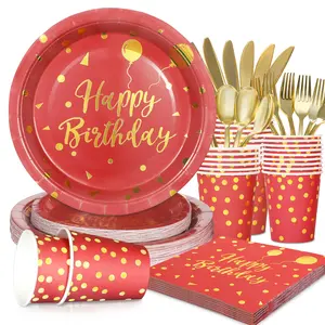 Красные и золотые праздничные украшения на день рождения, бумажные тарелки и чашки, салфетки, соломинки для вечеринки, набор украшений
