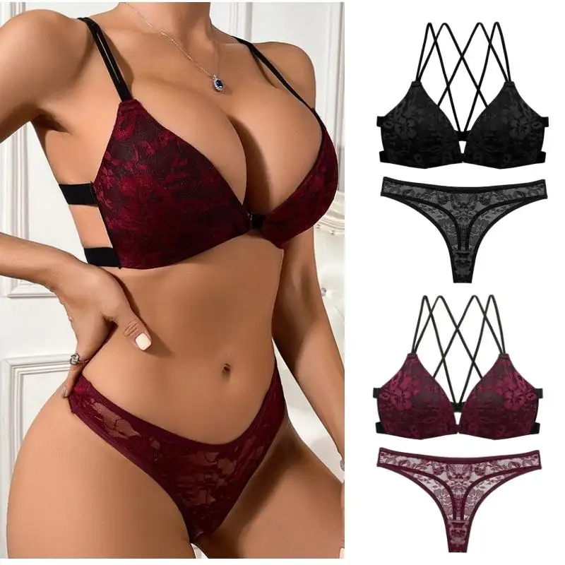 Gran oferta, conjunto de ropa interior de encaje Sexy, conjunto de bragas de sujetador con hebilla frontal trasera de belleza, venta al por mayor para mujer