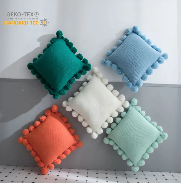 Al Soft Solid Color Acrylic Crochet Pom Pom Chunky Knit Throw Pillow Case Knitting Tassel Cushion Cover with Home Decoration