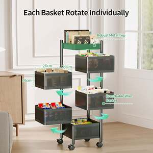 <b>Kitchen</b> Storage Rack No Assembly, Metal Storage <b>Tower</b> Shelves Organizer on Rolling Wheels Rotating Storage Cart with Basket - Product Image 4