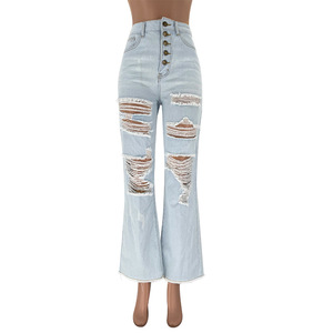 Pantalones vaqueros rasgados azules para mujer, elásticos de Vaqueros cintura alta, Vaqueros lavados, acampanados - Product Image 6