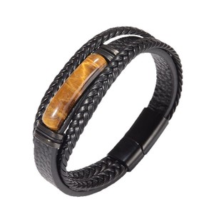 Men's <b>Tiger</b> <b>Eye</b> <b>Bracelet</b> Multi Layer Leather Bangle Magnetic Clasp Gift Jewelry 7.5 8.5 9 Inches Geometric Texture Design - Product Image 4