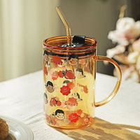 Mug en verre borosilicate imprimé dessin animé mignon, avec poignée, couvercle double usage et paille en verre, résistant à la chaleur, grande tasse à eau