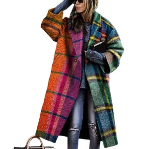 Женское шерстяное пальто с длинным рукавом, длинное пальто с отложным воротником и принтом в европейском и американском стиле на осень и зиму