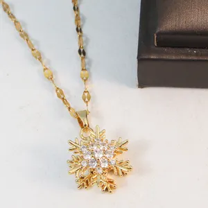 Cubic Zirconia Rotating Snowflake Gold-plated Pendant Titanium Steel Necklace