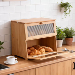 Caja de Pan de Bambú de Doble Capa con Tapa Abatible, Gran Capacidad, Almacenamiento de Cocina, Color Madera Natural, Forma Rectangular - Product Image 1