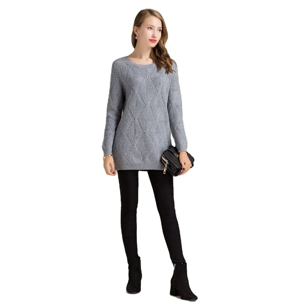 Pure Cashmere Women's round Neck Sweater with Thick Diamond Pattern Women's Clothing