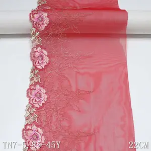 붉은 꽃 자수 레이스 13.5 cm 와이드 드레스 레이스 속옷 액세서리 스트레치 나일론 패브릭 유행 새로운 디자인 메쉬 패브릭