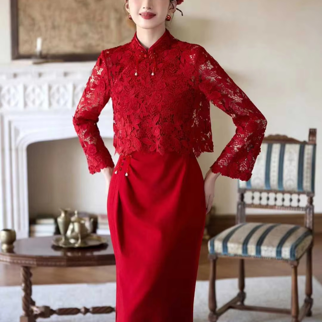 open lace back dress Floral Sequins Cap Sleeve Long Cheongsam Chinese Wedding Dress Red / M