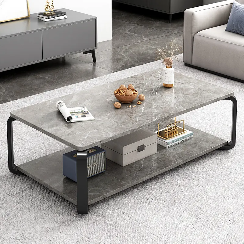 Grande table basse moderne en bois aspect marbre gris avec étagère de rangement Meubles de table centrale à 2 niveaux pour la maison