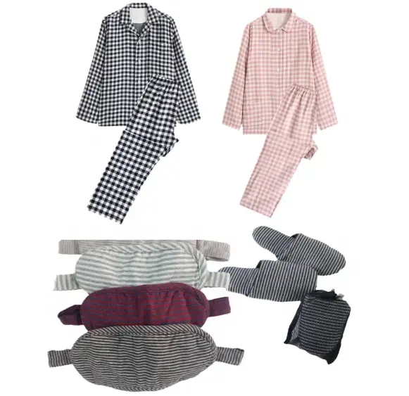 Hot Selling Langarm Doppels chicht Gaze 100% Baumwolle Plaid Flanell Pyjamas Slipper Augen maske Damen Nachtwäsche Paar Pyjamas