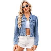 Veste en jean courte à manches bouffantes pour femme, col à revers, boutonnée, bleu vintage, décontractée, pour le quotidien