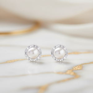 Orecchini a perno E3025 con perle Akoya in oro bianco 18K, perle coltivate rotonde AAA con montatura a castone, gioielli classici da donna per matrimonio - Product Image 2