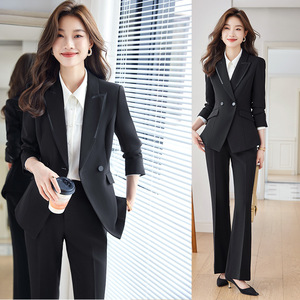 Women's Black Suit Set Three Quarter Sleeve Polyester Anti-Wrinkle Formal Spring Workwear - Product Image 1