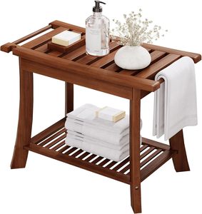 <span class=keywords><strong>Panca</strong></span> Doccia Moderna di Lusso in Teak con 1 Ripiano Portaoggetti e Portasciugamani, Ecologica per Uso Interno/Esterno, Bagno, Spa, Piscina - Product Image 1