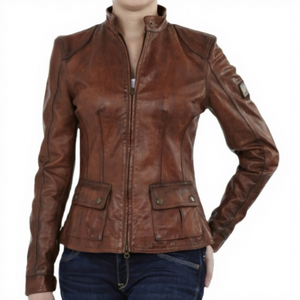 Women Fashion Sheep Leather Vintage Contrast Color Block Zipper Wax Style Winter Wool Racer <b>Jacket</b> Waterproof Windproof - Product Image 1