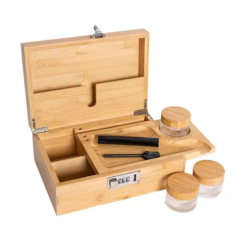 Boîte d'organisation personnalisée en bois de bambou pour hachis avec plateau roulant Stockage anti-odeur Conteneur en acacia Accessoires pour fumeurs