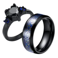 Nouvel ensemble de bagues pour couple, délicates, en acier inoxydable étanche, avec cristal cœur noir et motif dragon, bagues de promesse assorties en forme de cœur d'amour