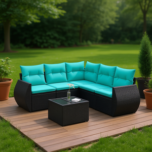 Conjunto de Sofá de Jardín de Ratán Sintético Negro con Cojines, Muebles de Exterior de 6 Plazas, Diseño Contemporáneo - Product Image 2