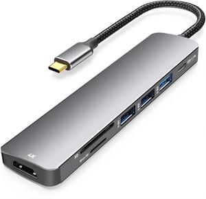 USB C Hub 7 in 1 Multiport Adapter with <b>4K</b> <b>HDMI</b> Dongle, 100W PD, SD/TF Card Reader, 3 USB-A, USBC Docking Station - Product Image 1