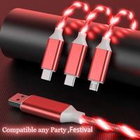 Kabel Data USB Tipe C, USB ke Tipe C pencerah mikro Multi fungsi, lampu LED 3 In 1, lampu mengalir, pengisian cepat, kabel Data bercahaya, USB untuk ponsel