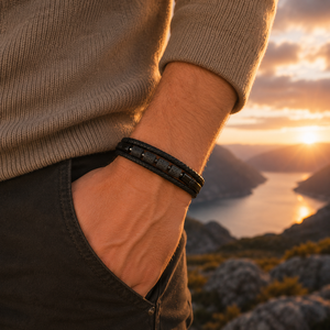 Pulsera de Cuero Trenzado con Piedra Volcánica Nórdica <span class=keywords><strong>para</strong></span> Hombre, Cierre Magnético de Acero Inoxidable, Estilo Vikingo, Hecha a Mano - Product Image 5