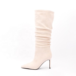 Light Soft Upper Pleated Pointy Toe Women's Boots Thin High Heel <b>Shoes</b> Denim Big Size 46 Knee High Boots - Product Image 4