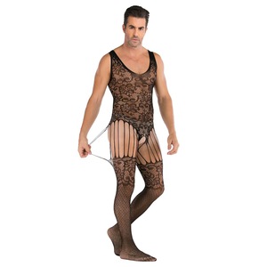 Men's Black <b>Fishnet</b> Bodysuit With Lace Pattern Mid-Rise Spandex Nylon Sexy Underwear - Product Image 2
