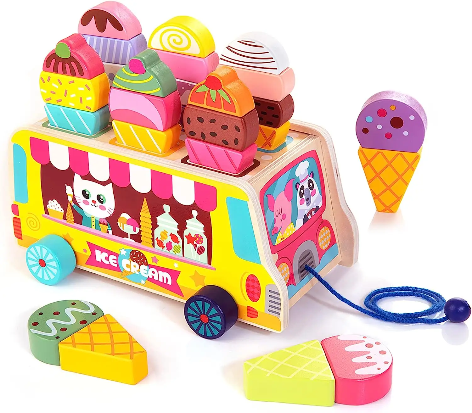 Bằng Gỗ Ice Cream Xe Tải Từ Ice Cream Ngọt Ngào Xử Lý Giả Vờ Chơi Thực Phẩm & Phụ Kiện, Montessori Phân Loại & Xếp Chồng Đồ Chơi