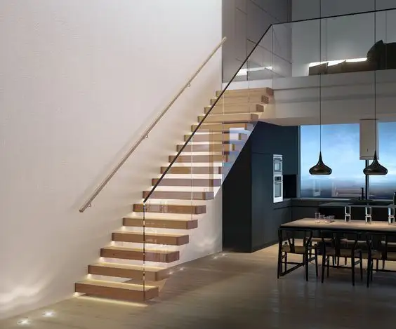 Modern Laminated Glass Railing Floating Stairs Solid Wood Steps Staircase