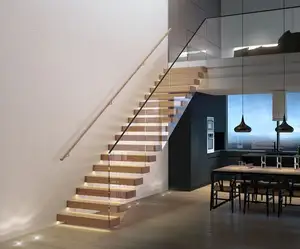 Escaleras flotantes de barandilla de vidrio laminado moderno Escalera de escalones de madera maciza