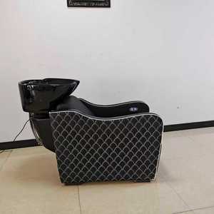 Sillón de Peluquería Contemporáneo de Cuero PU Negro con Lavabo de Cerámica y Reposapiés Plegable, Muebles de Salón - Product Image 5