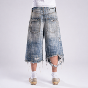 DiZNEW Short en jean vintage délavé pour <span class=keywords><strong>homme</strong></span>, coupe ample, avec empiècements, bords bruts, style streetwear, OEM - Product Image 2